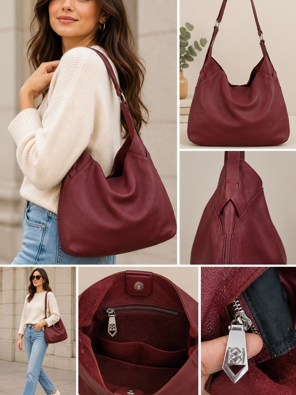 Women’s Hobo Shoulder Bag in Burgundy